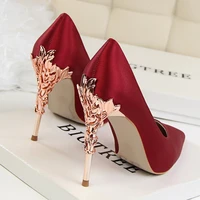 bigtree metal carved heels women pumps solid silk pointed toe shallow fashion high heels 10cm womens shoes wedding shoes 92192