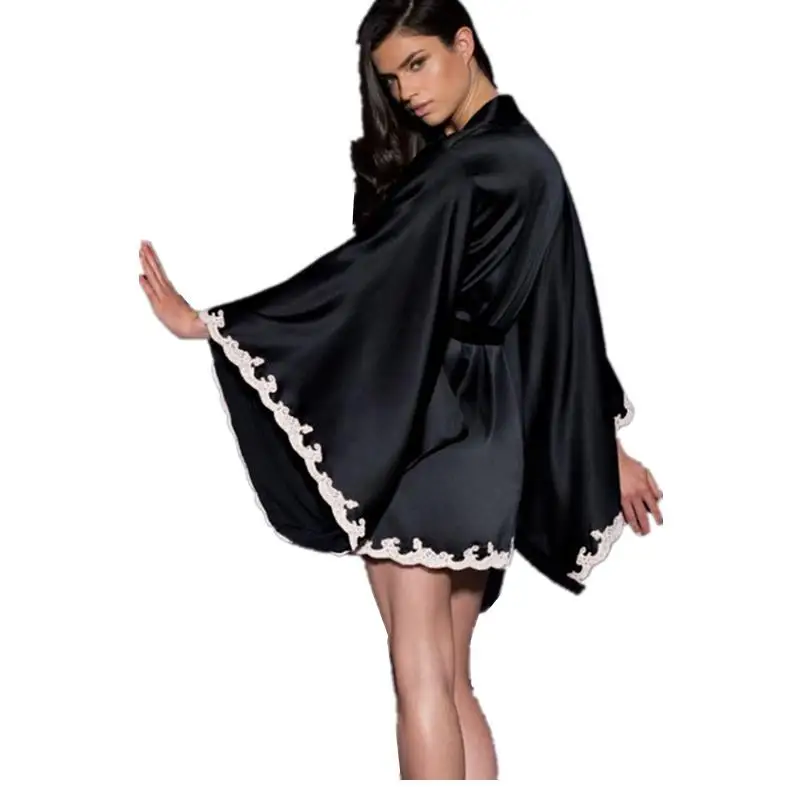 

New 2017 Bedtime Gowns For Women Black Silky Kimono Women Babydoll Lingerie Sexy Sleepwear Dress aw22510 Albornoz Mujer Ducha