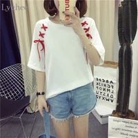 lychee punk gothic summer women t shirt letter lace up bandage short sleeve casual loose t shirt tee top