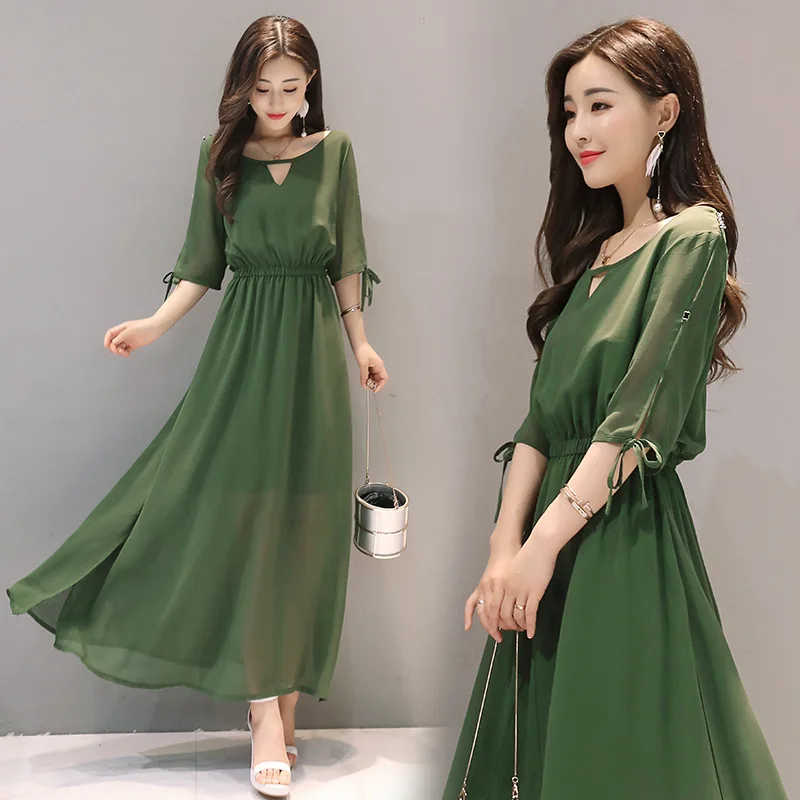 green Летнее цельнокроеное платье Kawaii милые платья с разрезом по бокам фантазийные женские однотонные зеленые, черные, красные длинные платья для девочек, большие размеры - Цвет: green