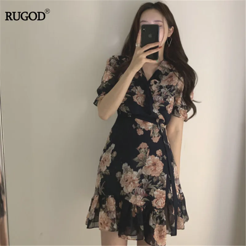 RUGOD, корейский стиль, летнее платье,, женское, бохо, с оборками, Цветочный, бодикон, Русалка, платья, шифон, Vestidos, повседневные платья