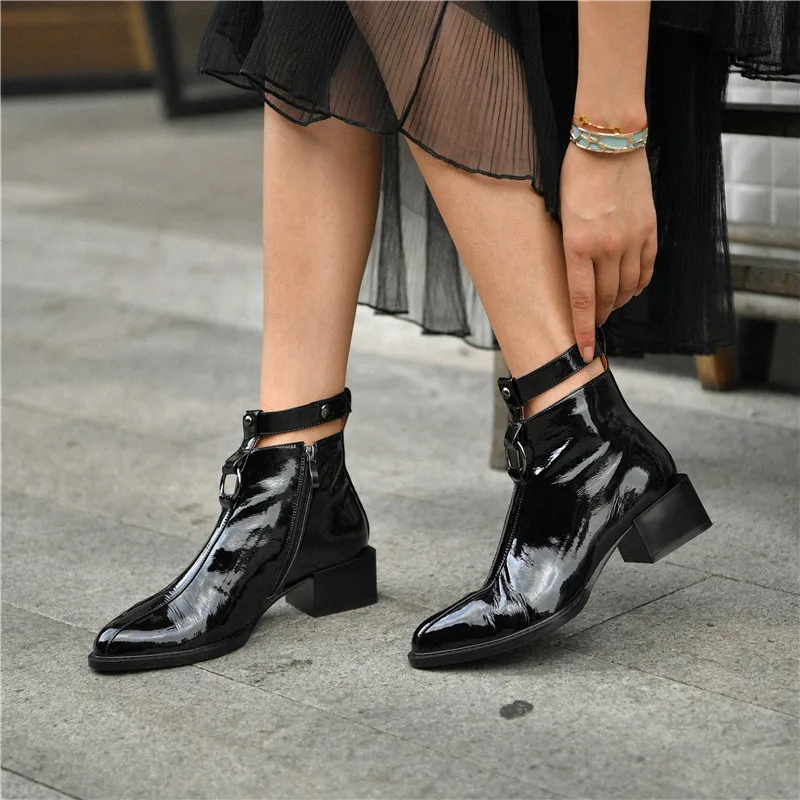 

ISNOM Patent Leather Med Heels Women Boots Pointed Toe Footwear Rivet Motorcycle Female Boot Ankle Strap Shoes Woman 2019 Spring