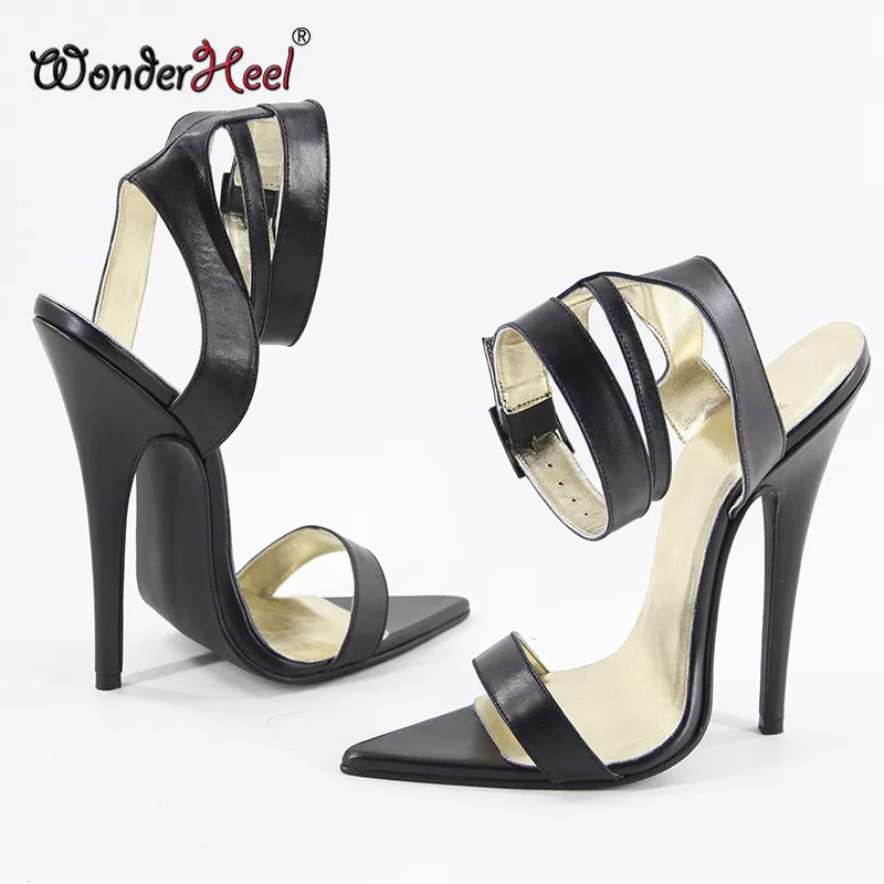 Wonderheel/пикантные женские босоножки из натуральной кожи на очень высоком каблуке-шпильке 16 см с пряжкой и ремешками с острым носком