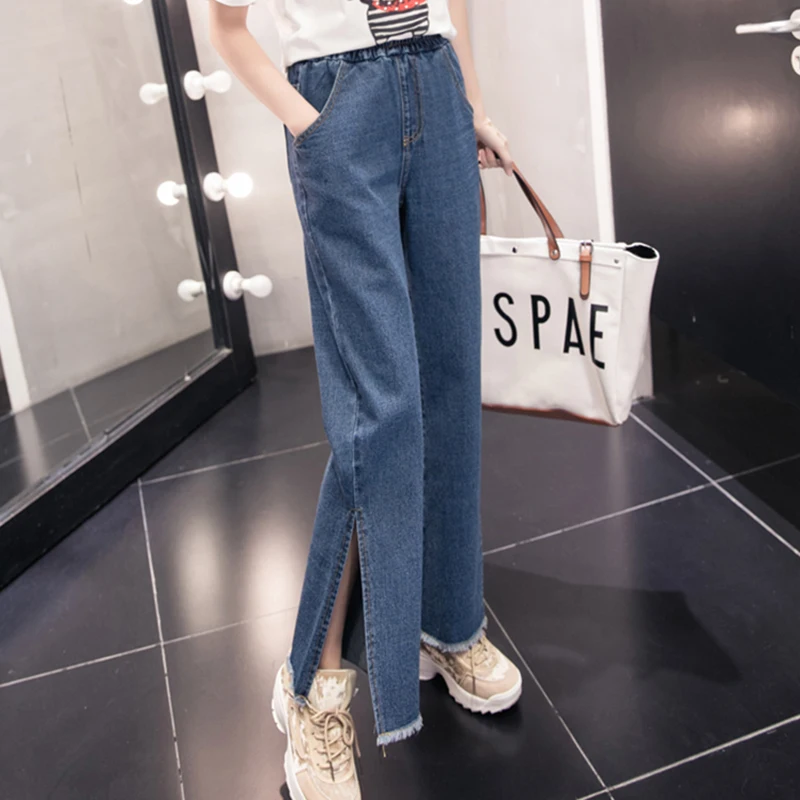 Woman Hem Frayed Wide Leg Jeans Autumn Plus Size Elastic High Waist Korean Vintage Solid Denim Pants Split Trousers |