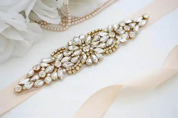 

MissRDress Hand Beaded Wedding Belt Gold Crystal Flower Bridal Belt Rhinestones Bridal Sash For Women Formal Dresses JK934