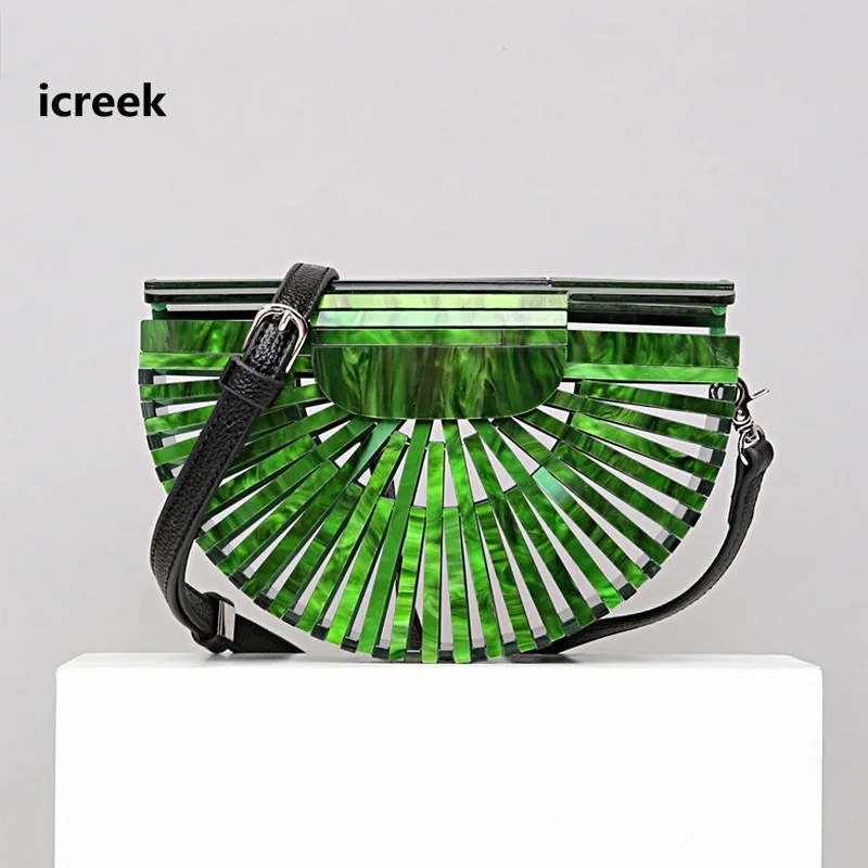 Green-pu Стильная новая женская акриловая вечерняя сумка, соломенные сумки, плетеная пляжная сумка на плечо из ротанга, сумка через плечо, Женская богемная Сумочка-клатч - Цвет: Green-pu