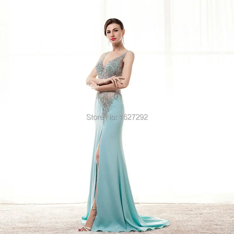 2015 Custom Made Sexy Backless V-Neck Long Formal Gowns Beading Crystal Evening Dress Gown Abendkleider | Свадьбы и торжества