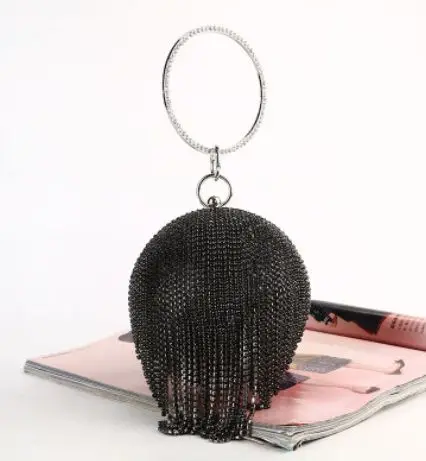 Black women bag Женская сумка, модная, женская, круглая, с кисточками, алмазная вечерняя сумка для вечеринки, свадебные сумочки Женский Повседневный клатч, мини-кошелек bolsos mujer - Цвет: Black women bag