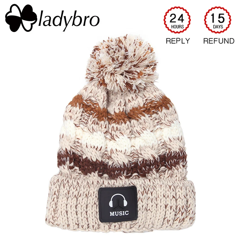 

Брендовая женская теплая шапка Ladybro с помпоном, зимняя вязаная бархатная шапка в полоску, облегающая шапка для женщин, модная женская музыка...