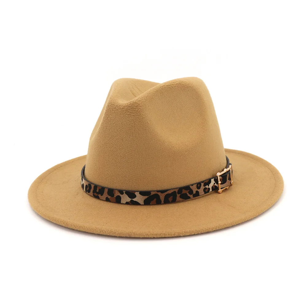 YELLOW Шерстяная фетровая шляпа Панама Джаз Fedoras Шляпы с леопардовым ремнем плоские полями формальная Вечеринка и сцена топ шляпа для женщин мужчин унисекс - Цвет: YELLOW