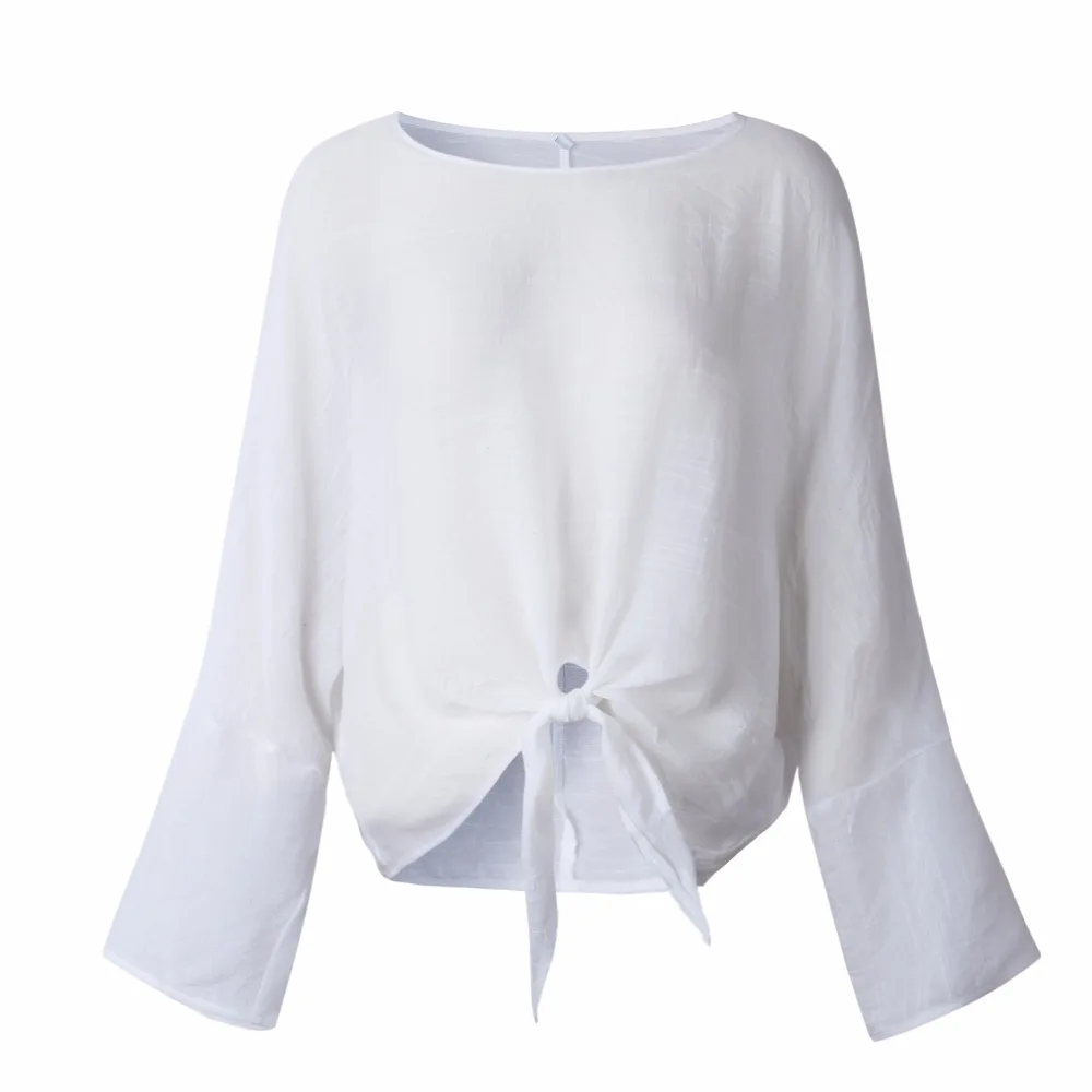 SINFEEL White Weekend Casual Pleated Front Self Belted Round Neck Long Sleeve Solid Blouses Autumn Women Going Out Shirt Tops |