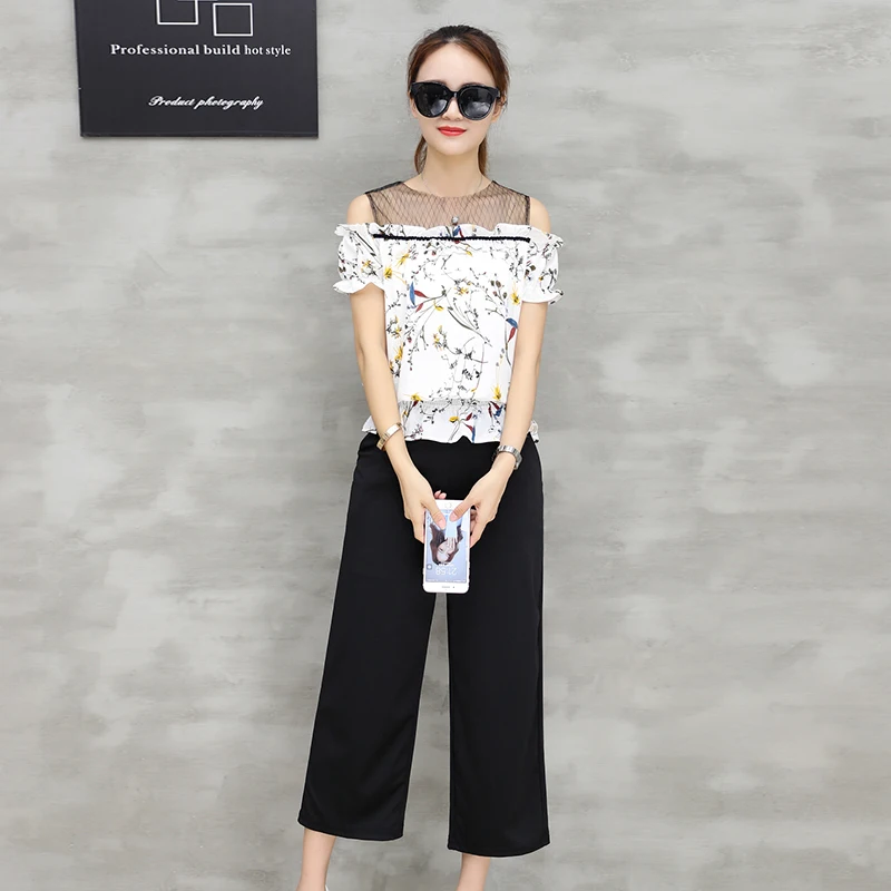 Summer wear new short-sleeved floral chiffon top blouse &amp black pants casual suit women wide-legged trousers outfit leisure |