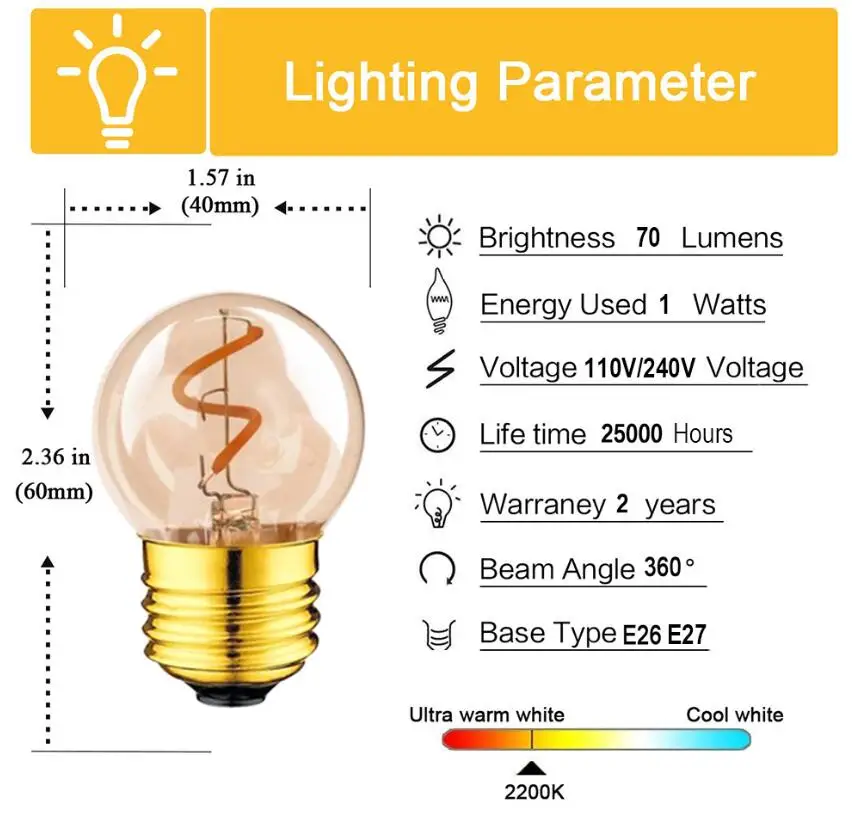 2200K Золотой G40 мини-Глобус лампа 1 Вт 2200 K Edison Винтаж светодиодный спиральная нить лампочки E27 220 V E26 110 V светодиодная гирлянда, освещение с регулируемой яркостью - Испускаемый цвет: 2200K