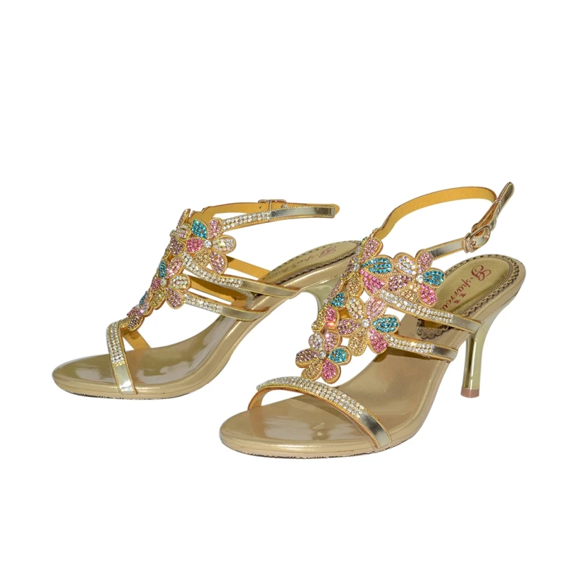 

2019 New Color Rhinestone Stiletto Sandals Bohemian Roman High-heeled Hollow Sandals 7.5CM