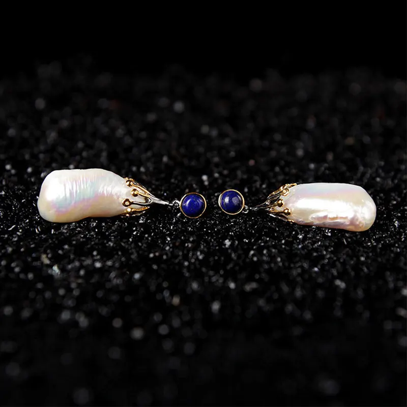 RADHORS Earring Genuine 925 Sterling Silver inlay 100% Natural Baroque pearl lapis earring Female luxurious Jewelry | Украшения и