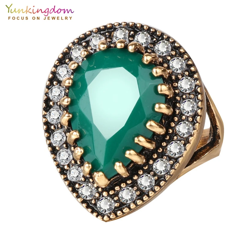 

Yunkingdom Vintage Big Water Drop Ring Antique Gold Color Crystal Resin Ethnic Jewelry Rings for Women