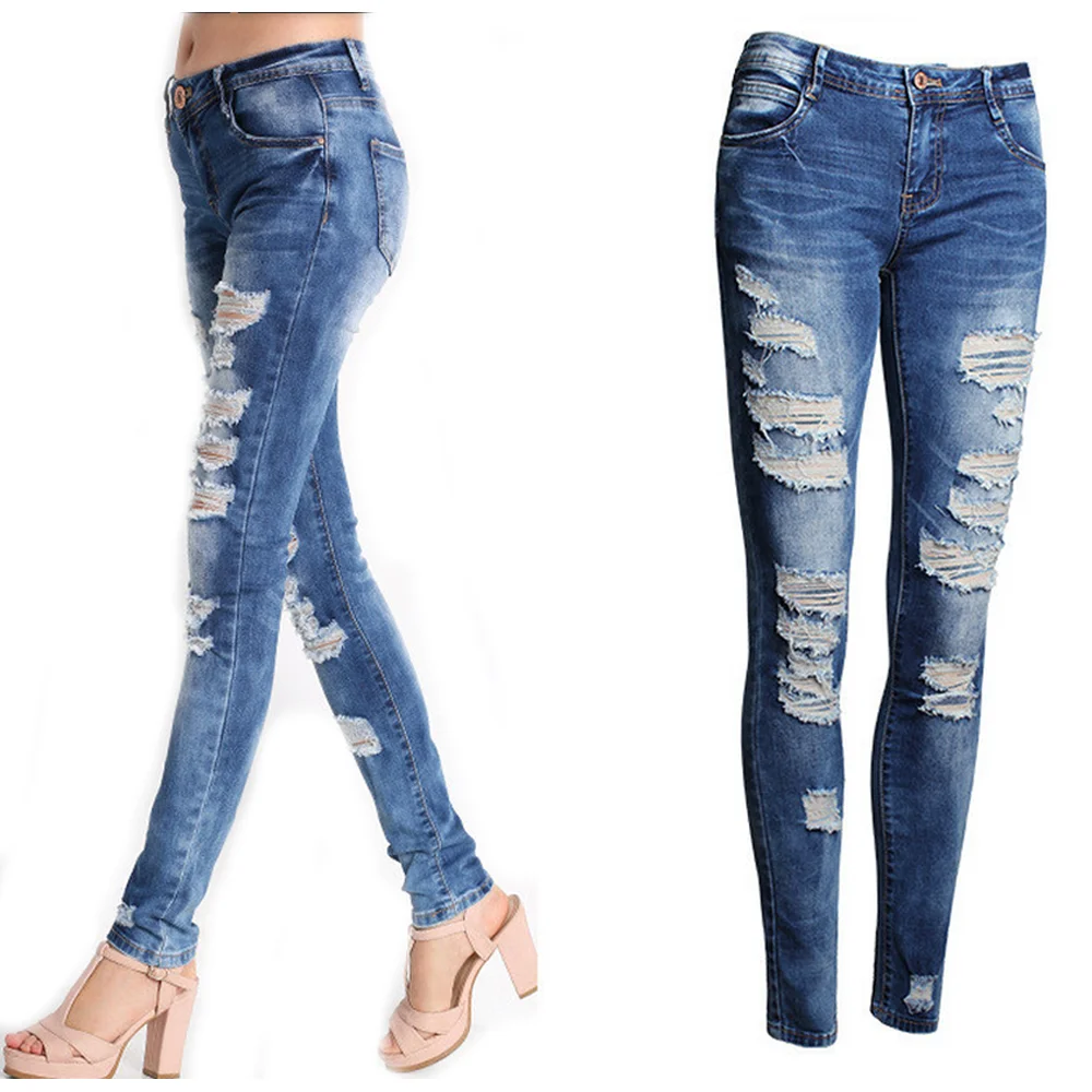 Ladies hole high elastic denim trousers vintage worn old Denim Skinny Pants High Waist Stretch Jeans Full Length 5.30 | Женская одежда