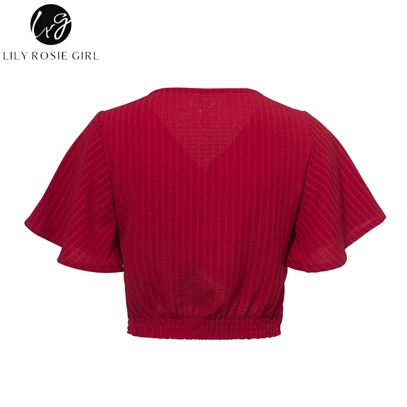 Лили Rosie девушка сексуальная V Neck Crop Для женщин блузки 2018 летние красные рубашки с