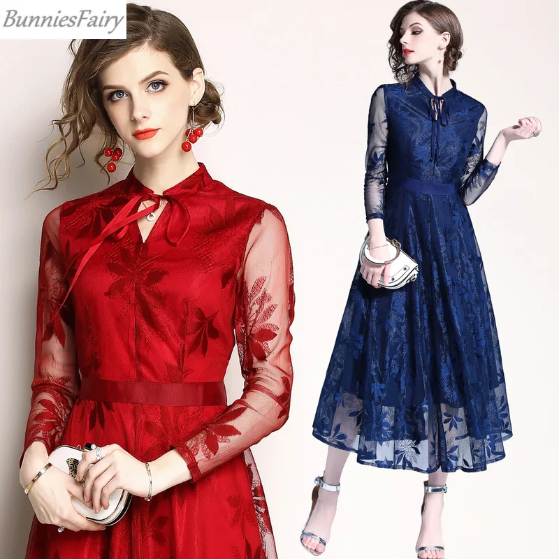 BunniesFairy Autumn New Celebrity-inspired Women Elegant Long Floral Lace Dress Bow Neckline with Ribbon Party Wear Red Blue | Женская