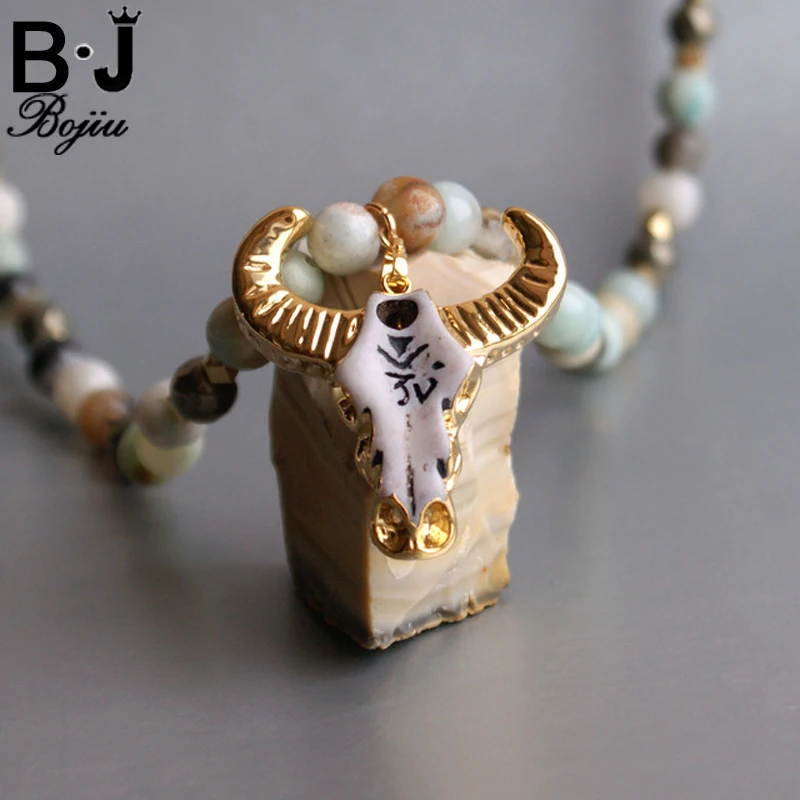

Женское длинное ожерелье BOJIU Bull, богемное ожерелье с натуральным камнем, украшенное бусинами и черепами, NKS047