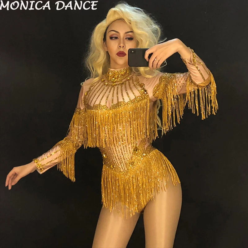 Women Sexy Stage Gold Tassel Big Glass Sparkling Crystals Bodysuit Nightclub Birthday Party Wear Dancer Singer Bling Costumes