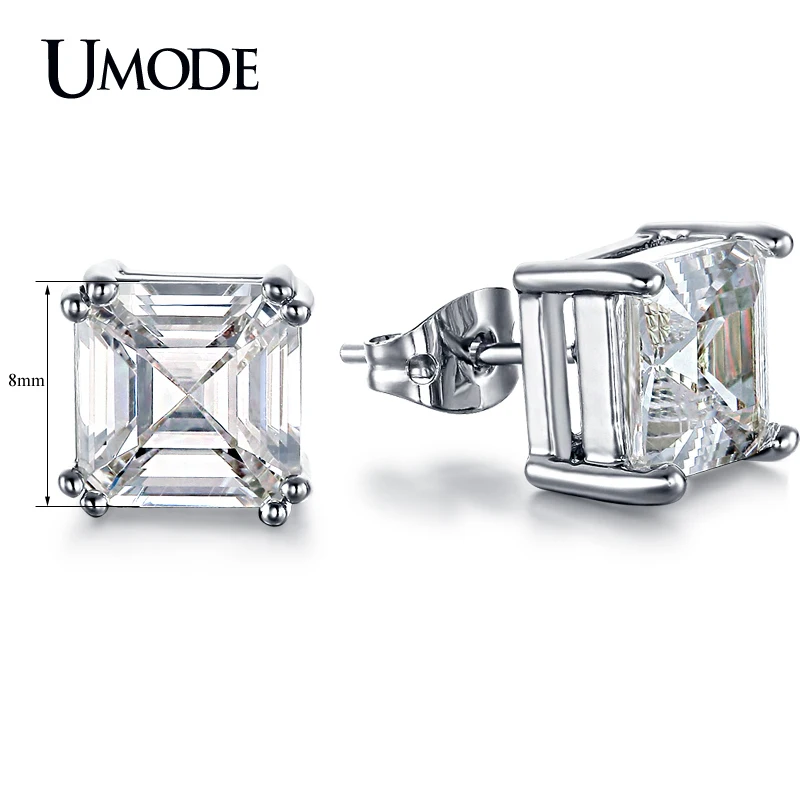 Umode 8 мм 2.5 карат Asscher вырезать CZ белый позолоченные имитация сообщение стад серьги