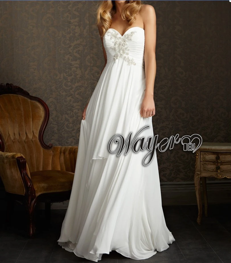 Chiffon Wedding Dresses A Line Floor Length Sweep/Brush Train Beading Sweetheart Sleeveless Empire Zipper Built In Bra Customize|bras for open back