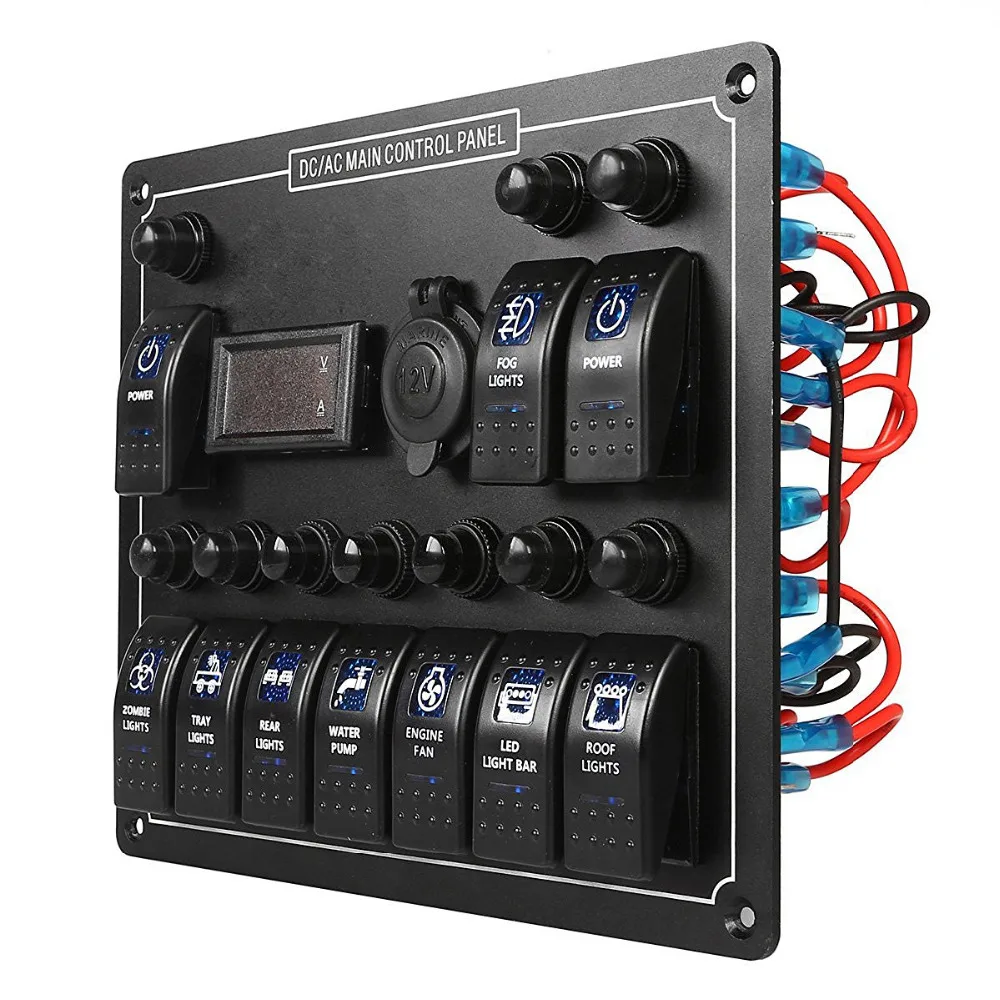 

12-24V 10 Gang Boat Marine Blue LED Rocker Switch Panel Circuit Breaker Voltmeter