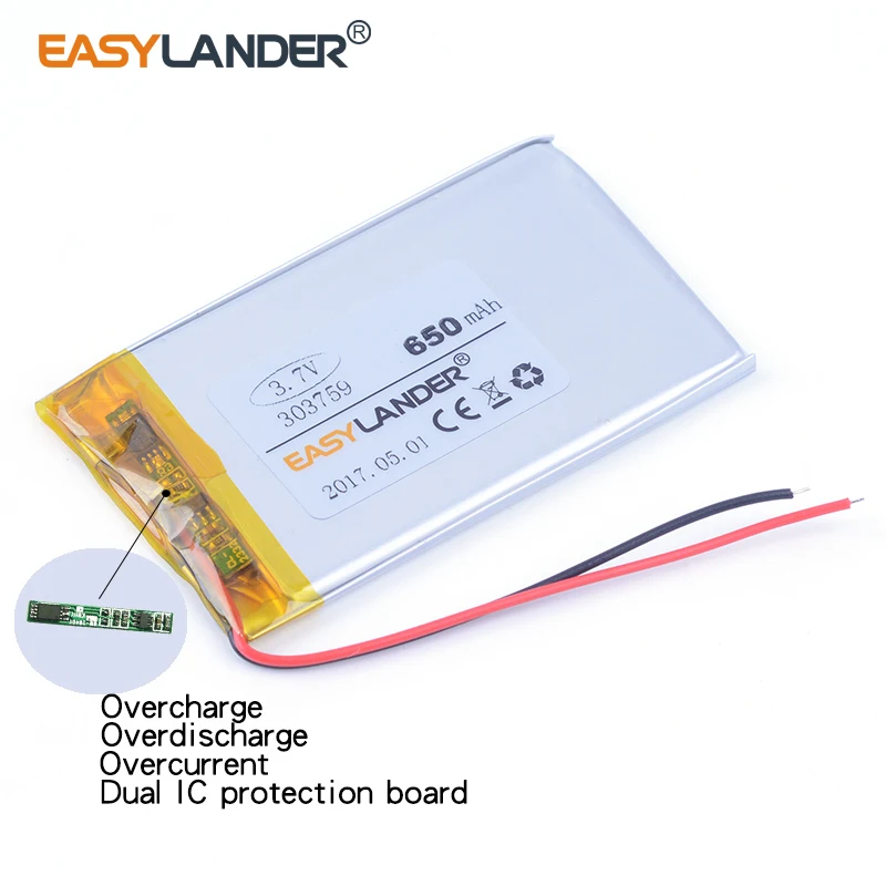 303759 3.7V 650mAh li Polymer Li-ion Battery For CarCam F2000LHD DVR GPS Portable DVD phone E-book MP4 MP5 033759 | Электроника