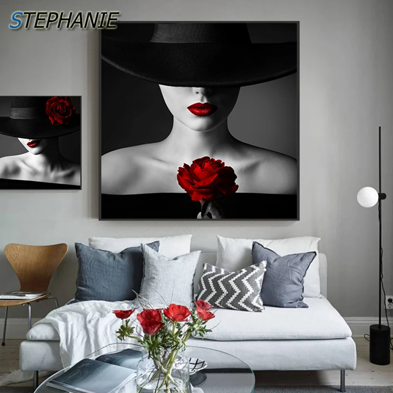 

Sexy Black Red Lip Rose Canvas Art Modern Busty Lady Posters Prints Quality Wall Art Living Room Cuadro Sexy Decor Tableau salon