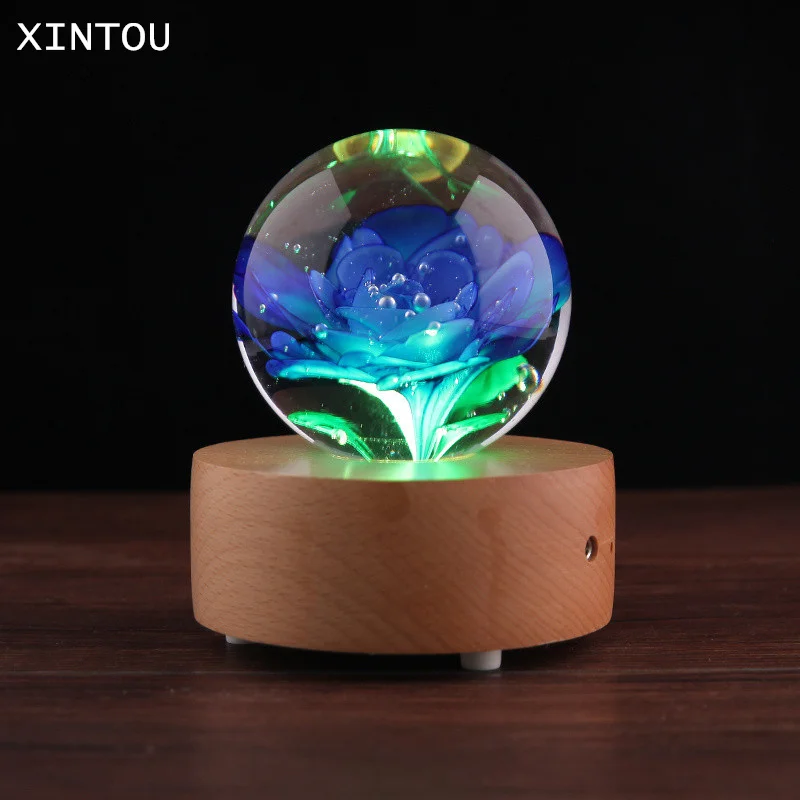 XINTOU 80mm Crystal Glass Ball Rose Artificial Flower Globe Wooden Bluetooth Music Box Base Wedding Decoration Accessories Gifts | Дом и сад