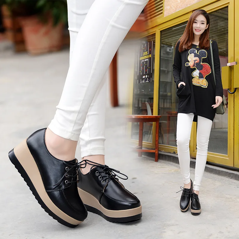 Krasovki Small Leather Shoes Spring Autumn Belt Thick Bottom Dropshipping Fashion Muffin Casual Women Singles | Обувь