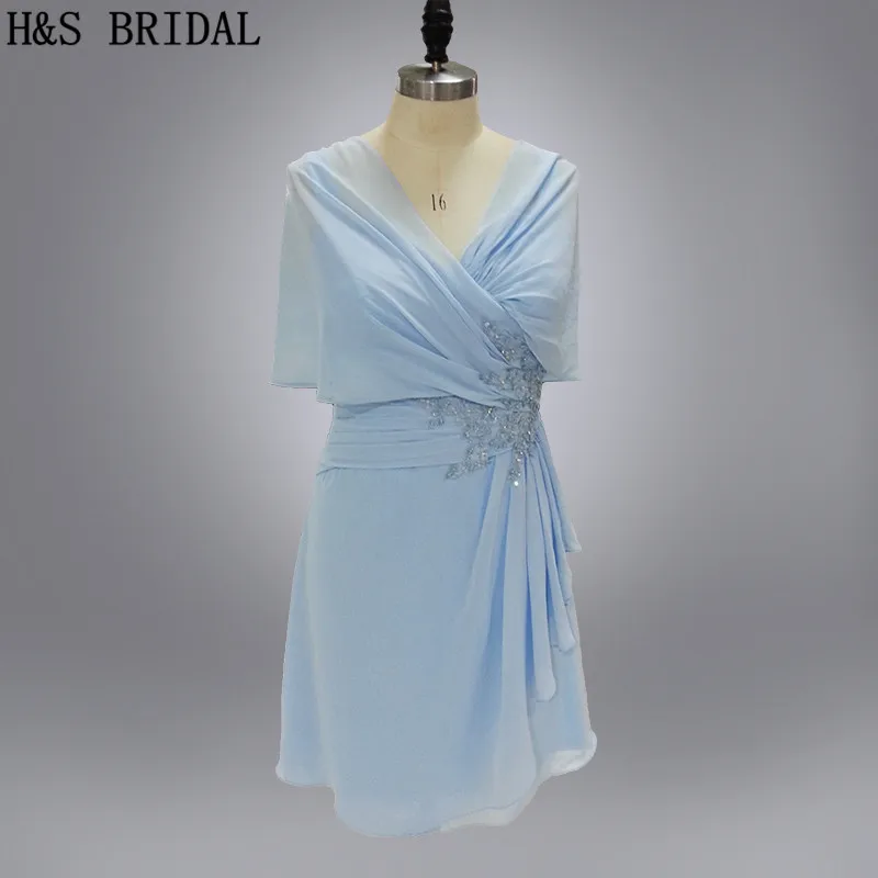 Real Model Appliques short party dress light blue cocktail dresses with shawl
