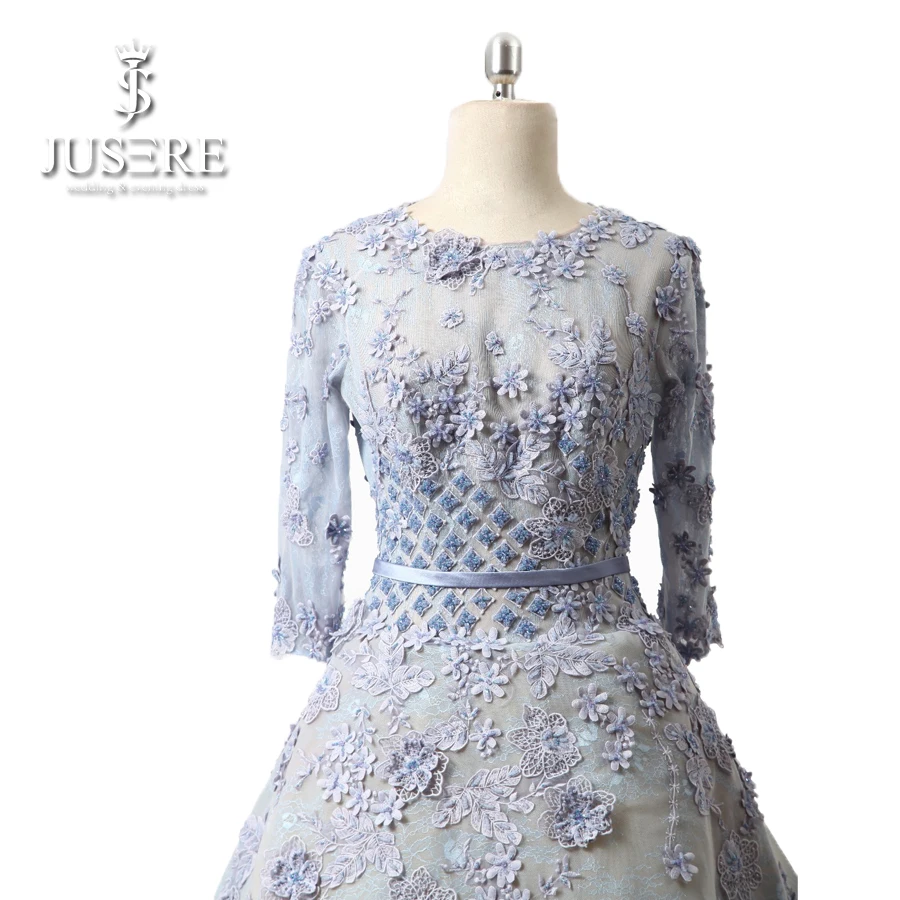 Open Back Long Sleeves Jewel Neck Lace Appliques Belt A line Bead Small Squares Flowers Light Blue Short Evening Dress | Свадьбы и