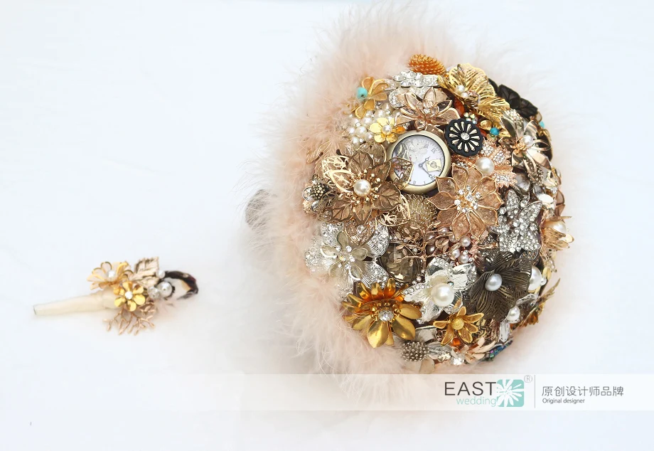 Brown &amp Gold Vintage Bridal brooch bouquet Feathers decorated wedding bouquets Bride | Свадьбы и торжества
