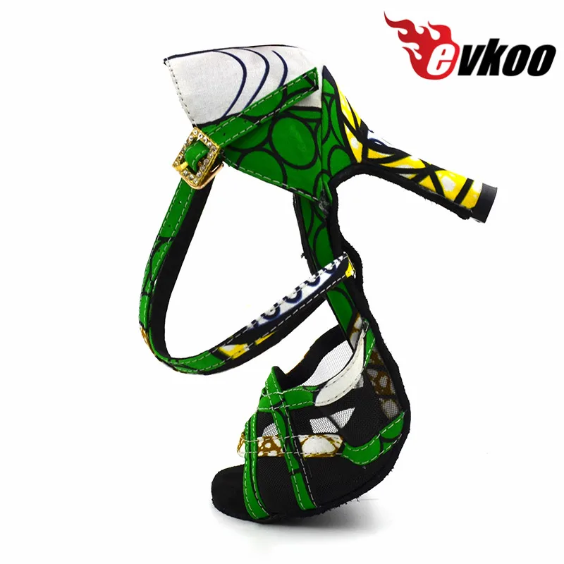Evkoodance-Zapatos profesionales De Baile latino para mujer, calzado De satén con estampado africano, color verde, 8,3 cm, Evkoo452