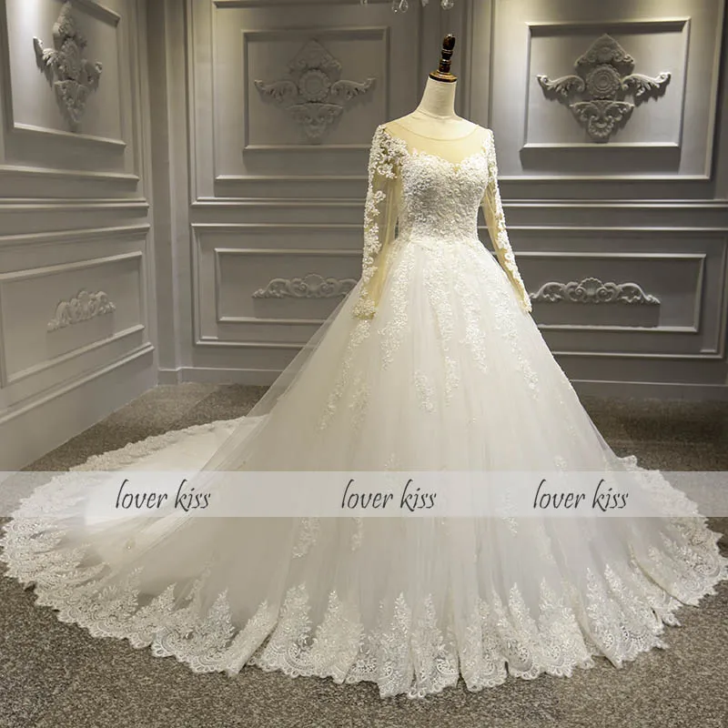 Lover Kiss Vestido De Noiva реальные изображения Свадебные платья с длинными рукавами кружево на свадебное платье Роскошная прозрачная кисея, Тюль robe mariee