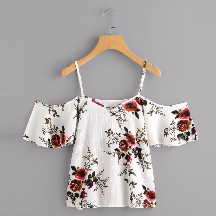 Для женщин блузка с принтом Летняя мода открытыми плечами Винтаж Boho Цветочный