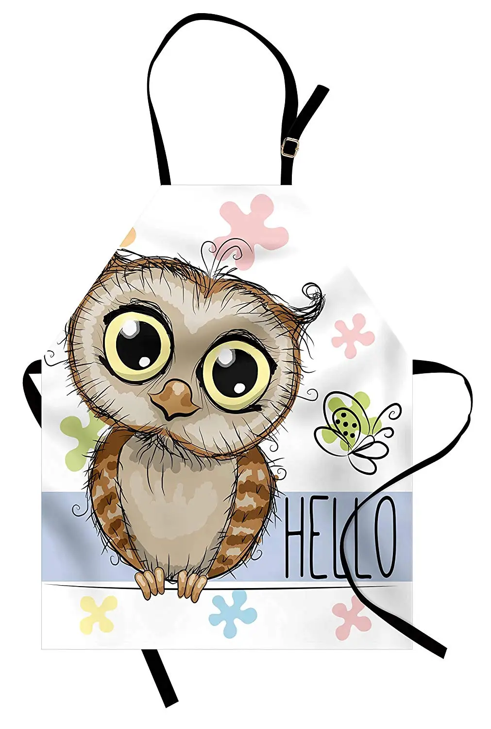 Фартук с рисунком Совы и бабочки на цветочном фоне надписью Hello Message для женщин