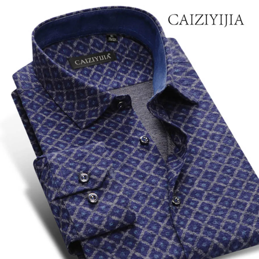 Caiziyijia Новинка 2018 года Argyle пледы печатных мужские рубашки с длинным рукавом