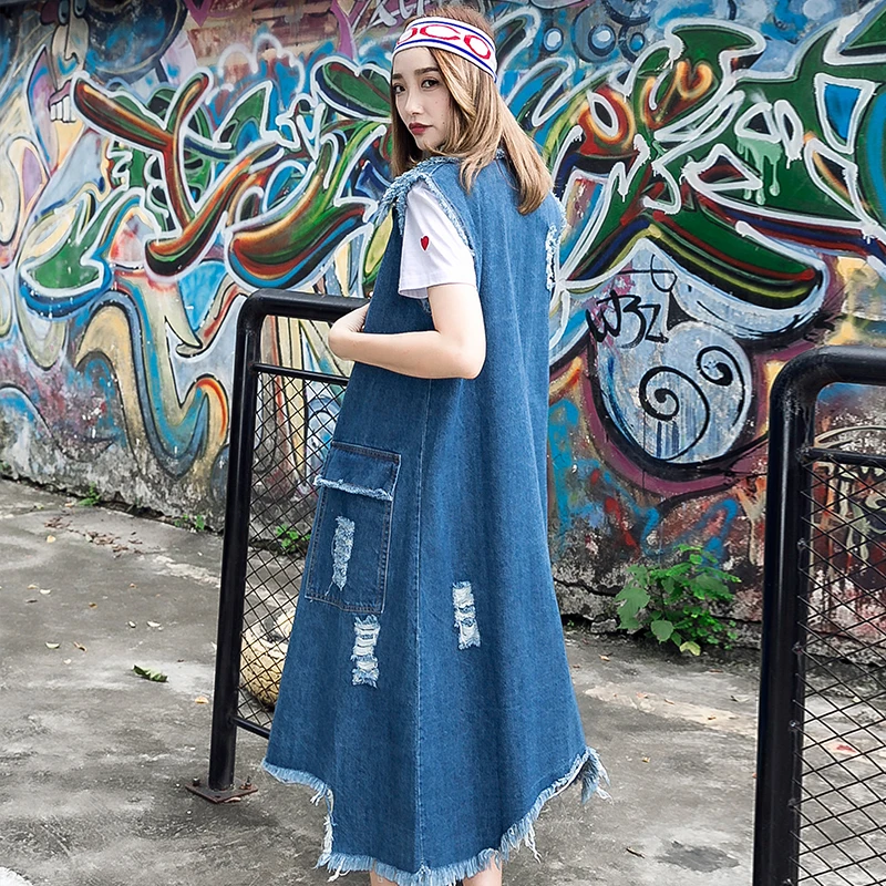 Джинсовый женский длинный жилет Veste модная рваная уличная одежда в английском