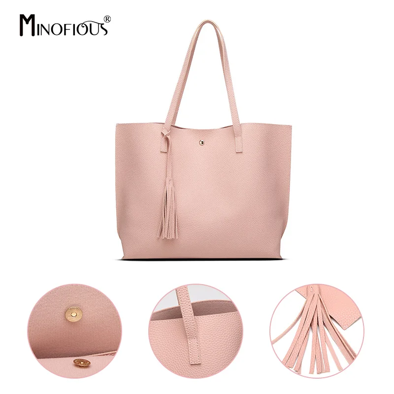 

MINOFIOUS Women PU Leather Classic Handbag Fashion Casual Tassel Shoulder Bag Solid Litchi Leather Tote Bags Lady Crossbody Bag