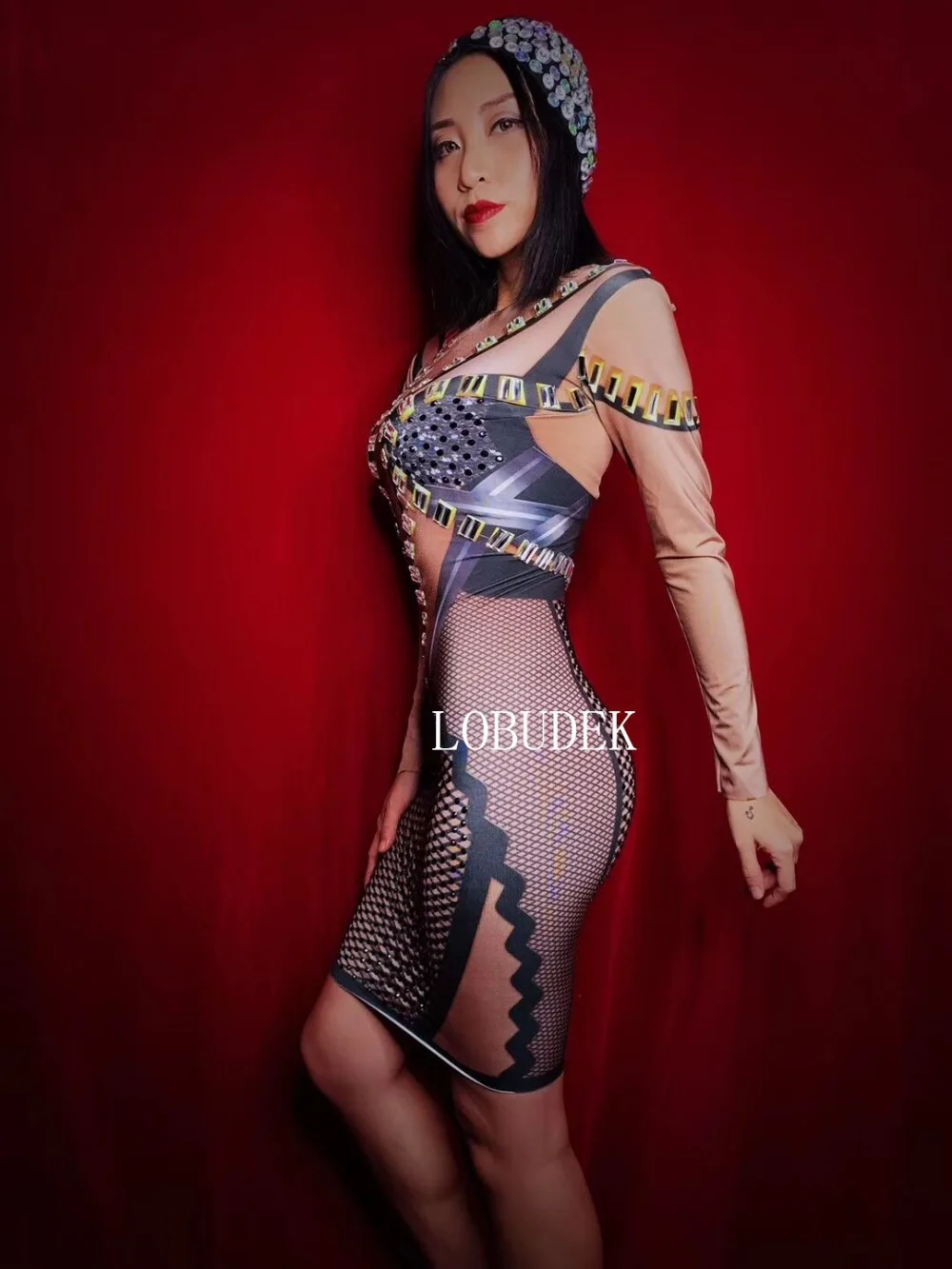 Sexy Bright Black Rhinestones Long Sleeve Dress Winter Women Party Birthday Dresses Nightclub DJ Singer Evening Prom Show | Женская
