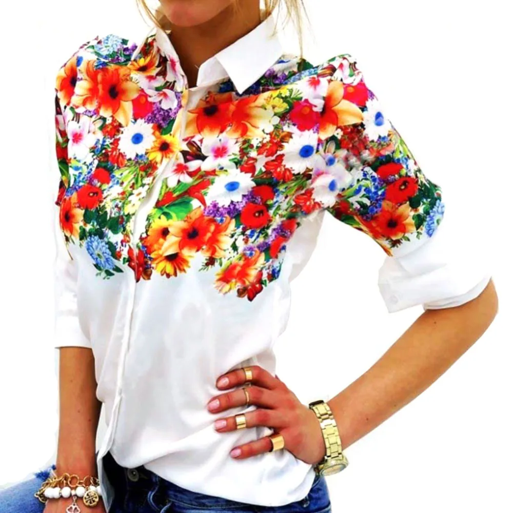 2016 женские блузки рубашки отложной воротник Цветочная блузка с длинным рукавом