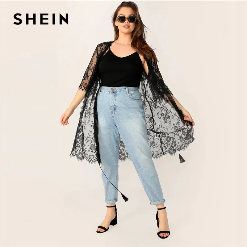 SHEIN Размер Плюс Прозрачное Кимоно С Кружевом И Бахромой Плюс Размера Кимоно С Бахромой Женские Летние Бохо Кимоно
