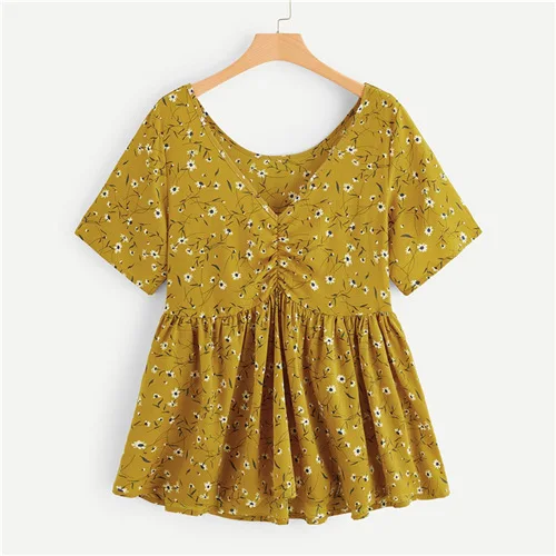 Ginger Dotfashion, женская летняя шифоновая блузка размера плюс, имбирный гофрированный подол, цветочный узор, топ, v-образный вырез, короткий рукав, топы, женские блузки - Цвет: Ginger
