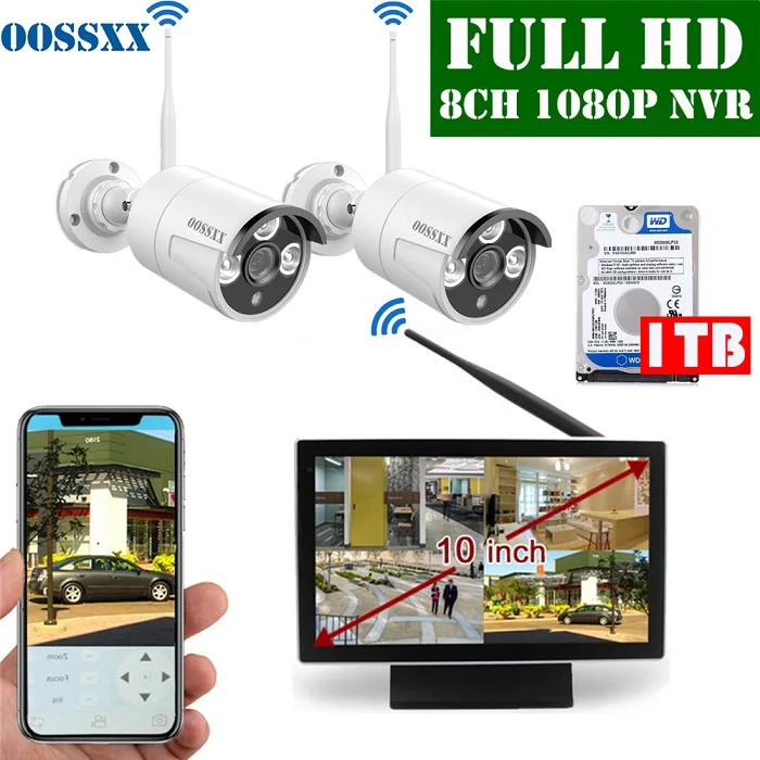 Белый OOSSXX 8CH 1080P Беспроводной NVR комплект 10' монитор беспроводной CCTV 2шт 1080P Крытый Открытый IP камера система видеонаблюдения - Цвет: Белый