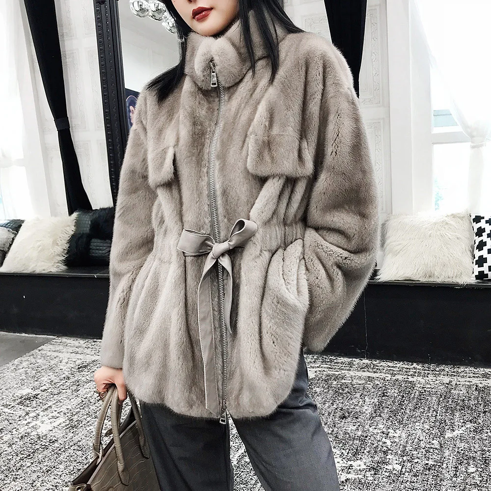

Fashion Real Mink Fur Women Coat with Mandarin Collar 100%Real Fur Long sleeves Winter Warm Thick Whole Mink Fur Thick Jacket