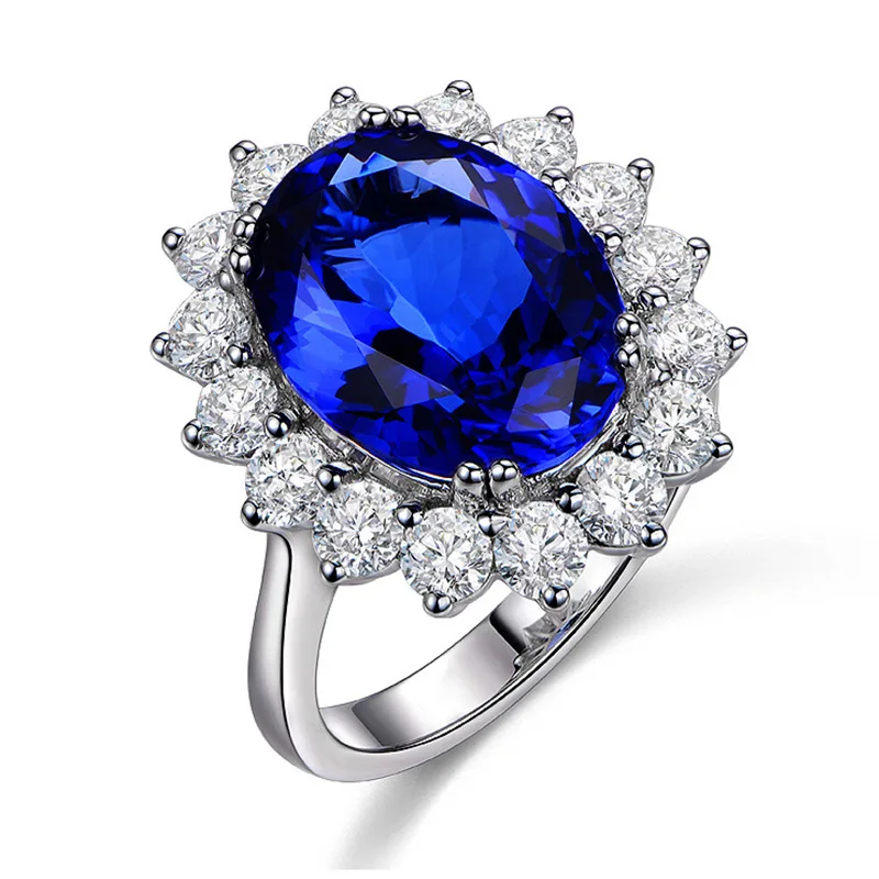 Princess Diana Kate Wedding Ring Open Adjustable Natural Royal Blue Stone Ring White Gold Palted Jewelry Female Engagement Ring