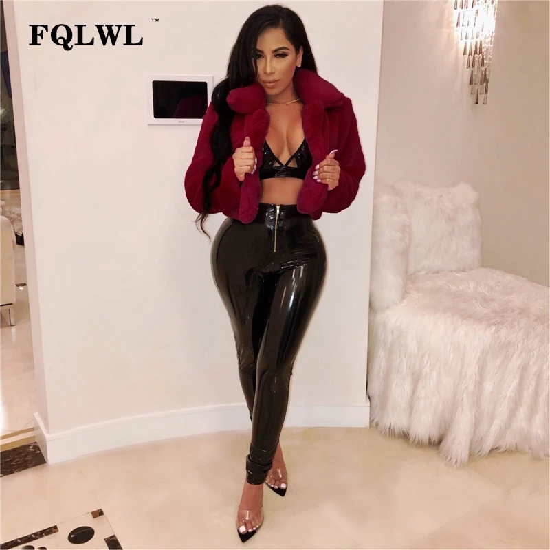 FQLWL Fluffy Faux Fur Coats Women Solid Furry Teddy Turn Down Collar Cropped Jacket Fur Female Overcoat Winter Warm Outerwear